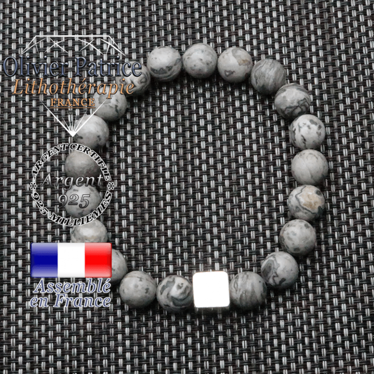 bracelet homme en pierre naturelle jaspe crazy lace gris de 10mm et son cube en argent 925 de 10mm