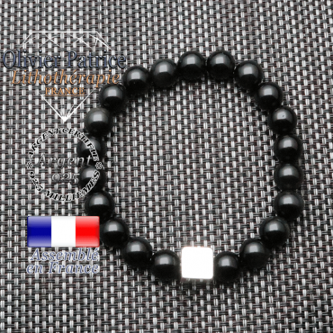 bracelet homme en pierre naturelle obsidienne de 10mm et son cube en argent 925 de 10mm