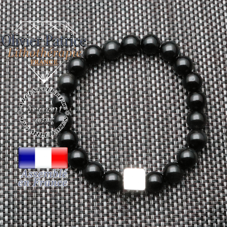 bracelet homme en pierre naturelle obsidienne de 10mm et son cube en argent 925 de 10mm