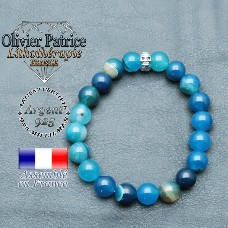 bracelet homme en pierre naturelle agate bleu a bande de 10mm et sa tete de mort