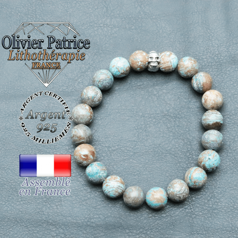 bracelet homme en pierre naturelle agate crazy lace bleu de 10mm et sa tete de mort