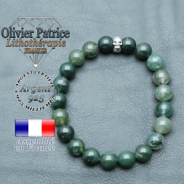 bracelet homme en pierre naturelle agate mousse de 10mm et sa tete de mort en argent 925 de 10mm