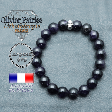 bracelet homme en pierre naturelle améthyste de 10mm et sa tete de mort en argent 925 de 10mm