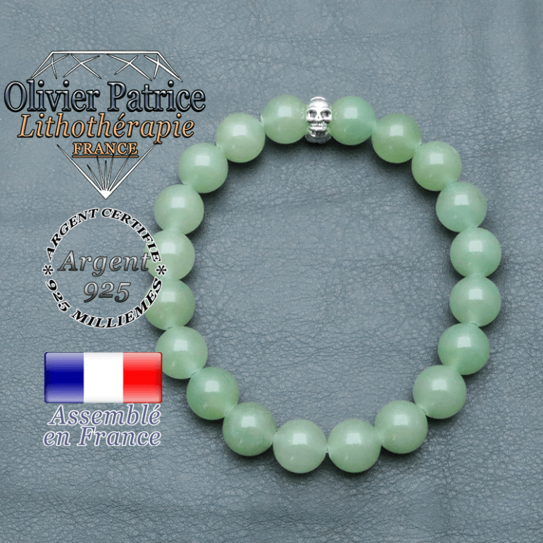 bracelet homme en pierre naturelle en aventurine de 10mm et sa tete de mort en argent 925 de 10mm