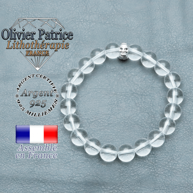 bracelet homme en pierre naturelle en cristal-de roche de 10mm et sa tete de mort en argent 925 de 10mm