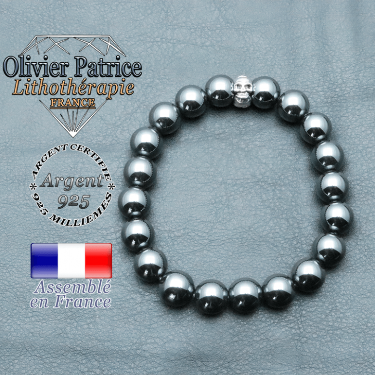 bracelet homme en pierre naturelle en hematite de 10mm et sa tete de mort en argent 925 de 10mm