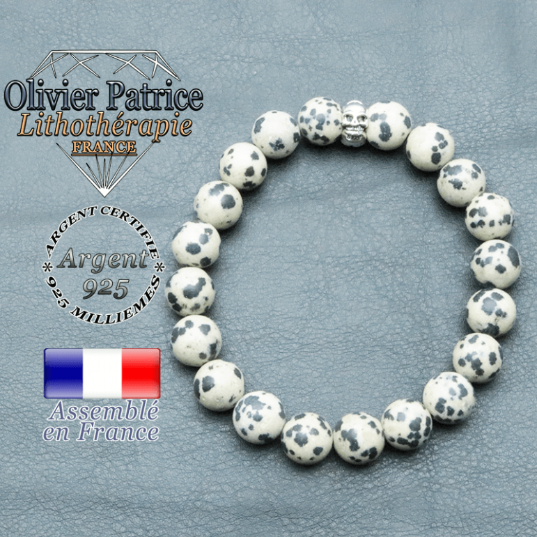 bracelet homme en pierre naturelle jaspe dalmatien de 10mm et sa tete de mort en argent 925 de 10mm