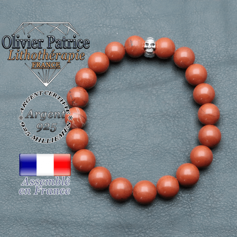bracelet homme en pierre naturelle en jaspe rouge de 10mm et sa tete de mort en argent 925 de 10mm