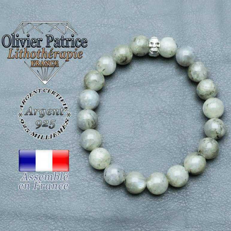 bracelet homme en pierre naturelle en labradorite de 10mm et sa tete de mort en argent 925 de 10mm