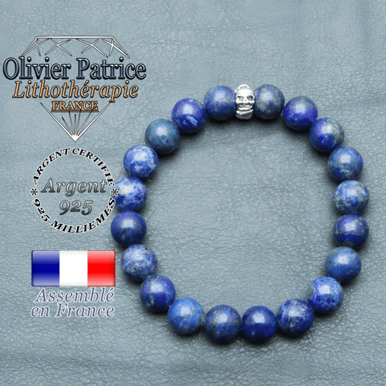 bracelet homme en pierre naturelle en lapis lazuli de 10mm et sa tete de mort en argent 925 de 10mm