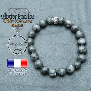 bracelet homme en pierre naturelle en larvikite de 10mm et sa tete de mort en argent 925 de 10mm