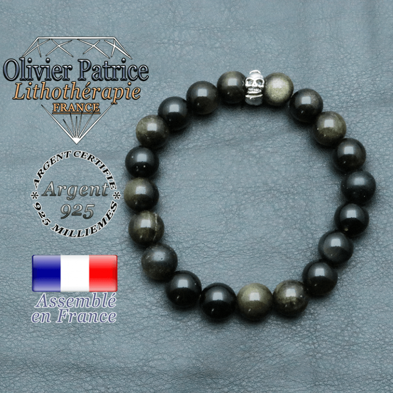bracelet homme en pierre naturelle obsidienne doré de 10mm et sa tete de mort en argent 925 de 10mm