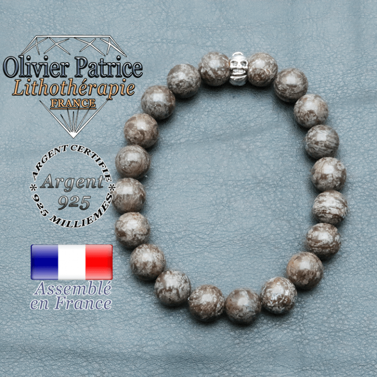 bracelet homme en pierre naturelle en obsidienne neige brun de 10mm et sa tete de mort en argent 925 de 10mm