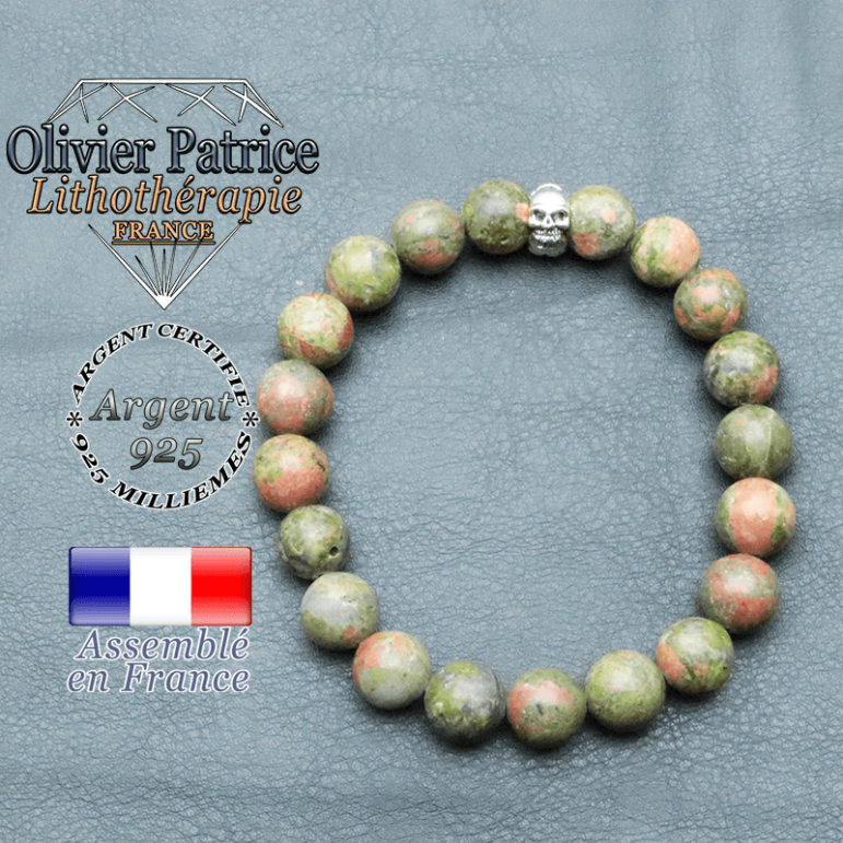 bracelet homme en pierre naturelle en unakite de 10mm et sa tete de mort en argent 925 de 10mm