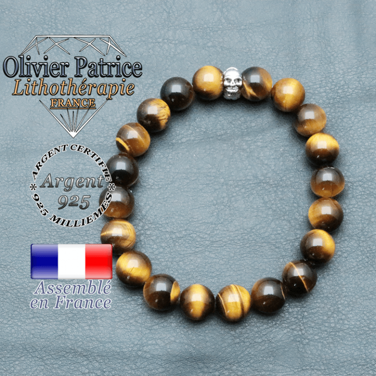 bracelet homme en pierre naturelle en oeil de tigre de 10mm et sa tete de mort en argent 925 de 10mm