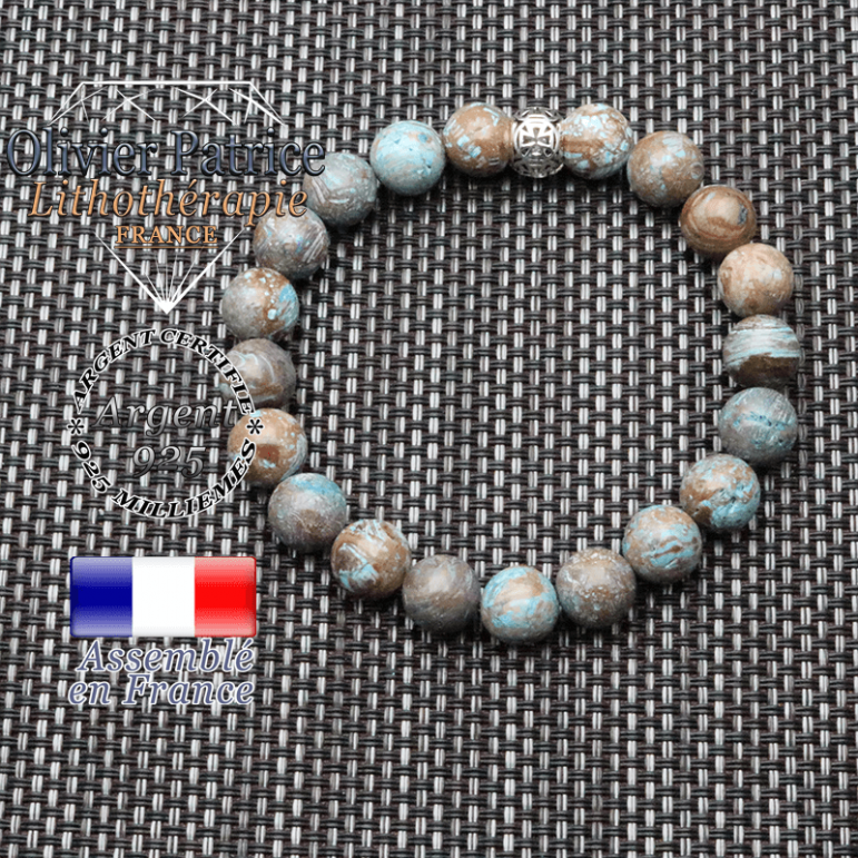 bracelet homme en pierre naturelle en agate crazy lace bleu de 10 mm et sa croix templier gravée en argent 925