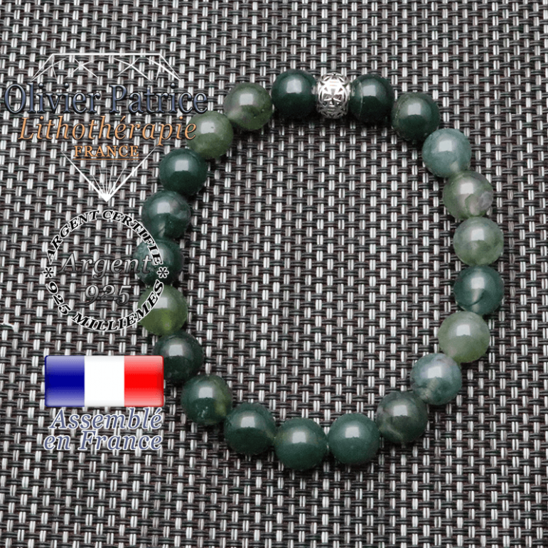 bracelet homme en pierre naturelle en agate mousse de 10mm et sa tete de mort en argent 925 de 10mm