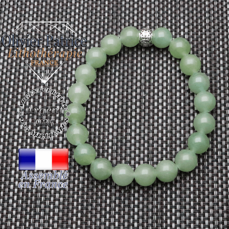 bracelet homme en pierre naturelle en aventurine de 10mm et sa tete de mort en argent 925 de 10mm