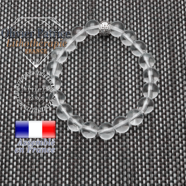 bracelet homme en pierre naturelle en cristal de roche de 10mm et sa tete de mort en argent 925 de 10mm