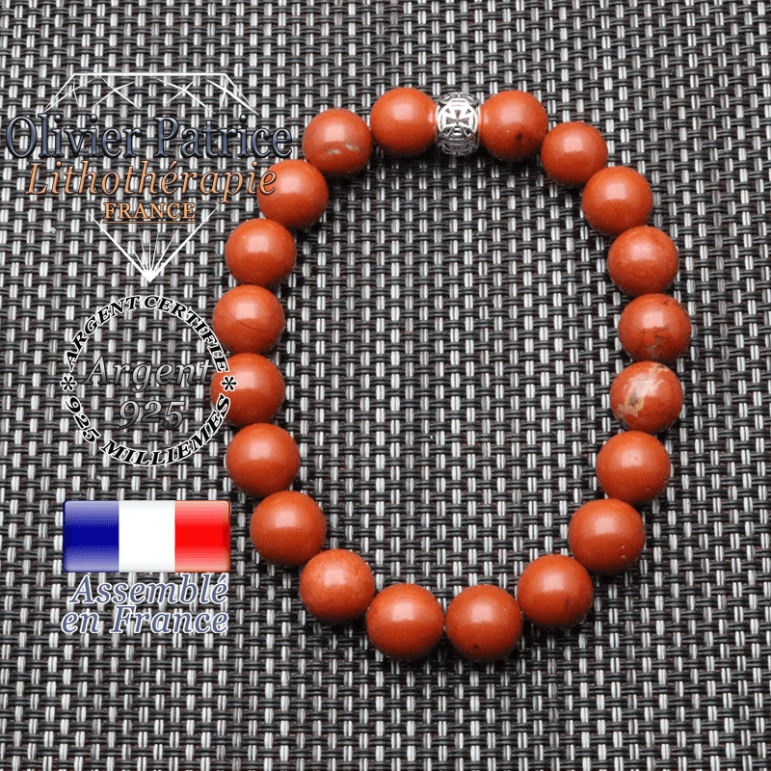 bracelet homme en pierre naturelle en jaspe rouge de 10mm et sa tete de mort en argent 925 de 10mm