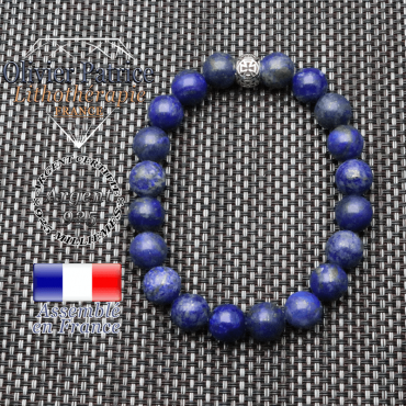 bracelet homme en pierre naturelle en lapis lazuli de 10mm et sa tete de mort en argent 925 de 10mm