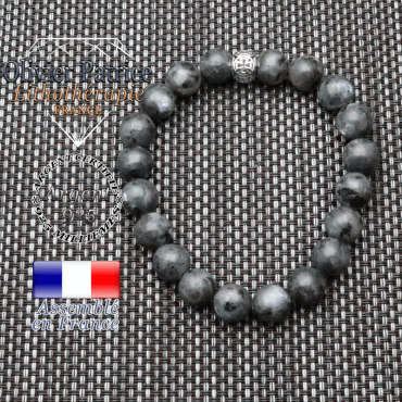 bracelet homme en pierre naturelle en larvikite de 10mm et sa tete de mort en argent 925 de 10mm