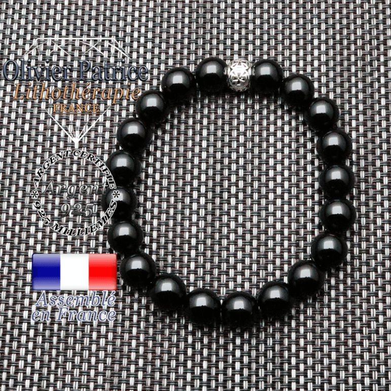 bracelet homme en pierre naturelle en obsidienne de 10mm et sa tete de mort en argent 925 de 10mm
