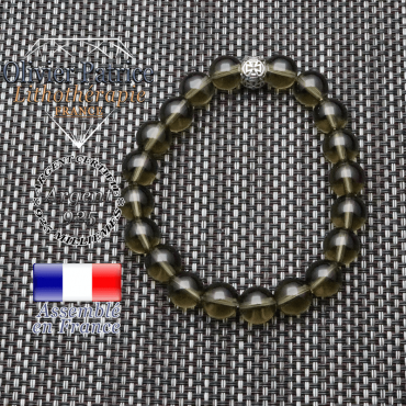 bracelet homme en pierre naturelle en quartz fume de 10mm et sa tete de mort en argent 925 de 10mm