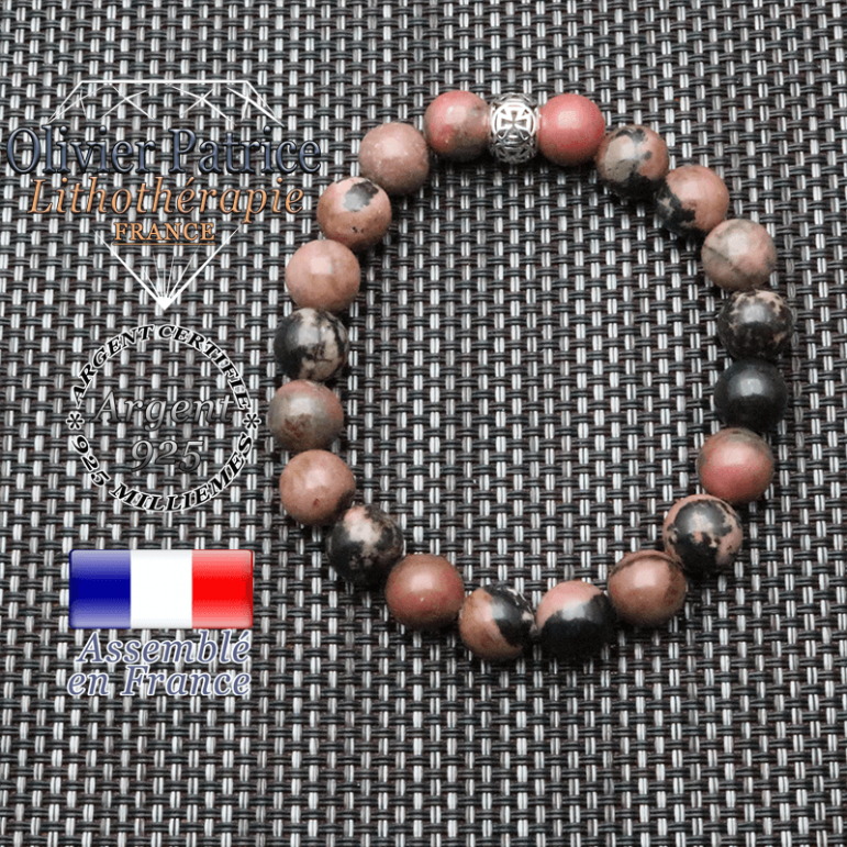bracelet homme en pierre naturelle en rhodonite de 10mm et sa tete de mort en argent 925 de 10mm