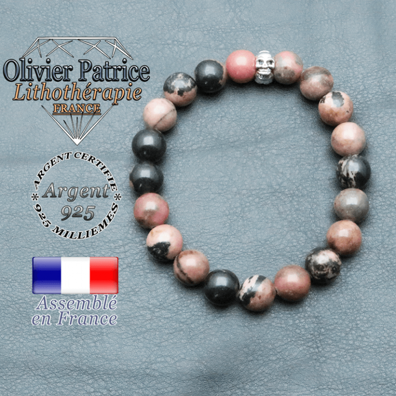 bracelet homme en pierre naturelle en rhodonite de 10mm et sa tete de mort en argent 925 de 10mm